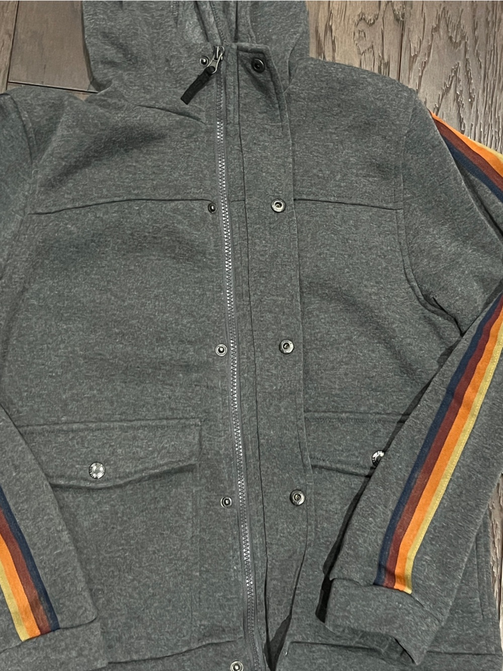 Hooded Gray Jacket with Multicolor Sleeve Stripes - Picture 5 of 8